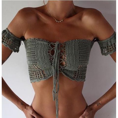 Fashion New Cross Straps Hollow Wrap Chest Swimsuit Knitted Bikini Top