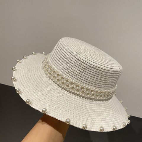 Summer Retro Large Brim Sunscreen Pearl Straw Hat