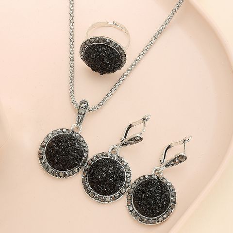 Formal Dress Accessories Gem Round Pendant Alloy Necklace Earrings Ring Set