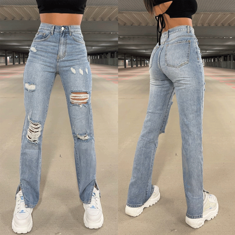 Casual Full Length Washed Jeans Straight Pants