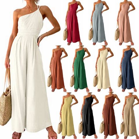 Women's Beach Casual Solid Color Single Cami Jumpsuits