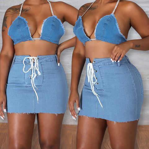 Women's Clothing Slim-fit Lace Up Denim Hip-wrapped Short Skirt