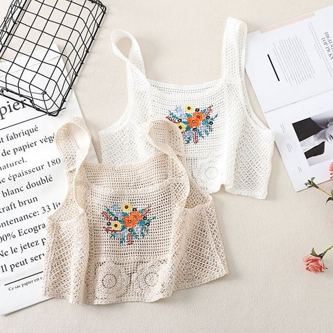 Fashion Summer Bohemian Vacation Hollow-out Embroidered Strap Flower Women's Knitted Vest