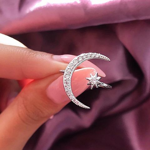 Fashion Simple Rhinestone Geometric Star Moon Opening Ring