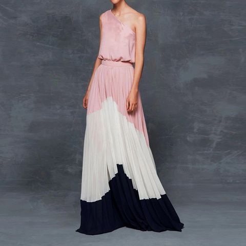 Stitching Single-shoulder Sleeveless Large Swing Long Contrast Color Dress