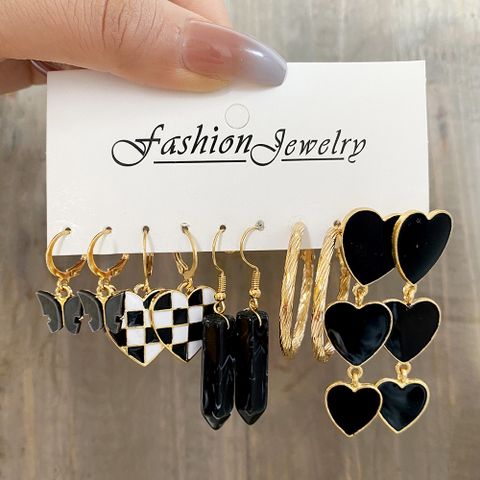 Black Butterfly Checkerboard Plaid Peach Heart C- Shaped Earrings 5-piece Set