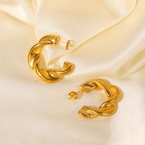 Fashion 18k Gold Plated Twisted C-shaped Geometric Stainless Steel Twisted Hoop Earrings