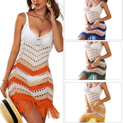 Summer New Knitted Tassel Striped Beach Sun Protection Clothing Bikini Blouse