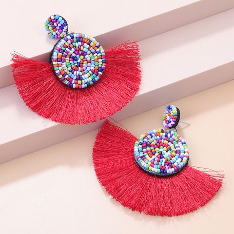 Fashion New Bohemian Retro Color Round Bead Tassel Pendant Earrings