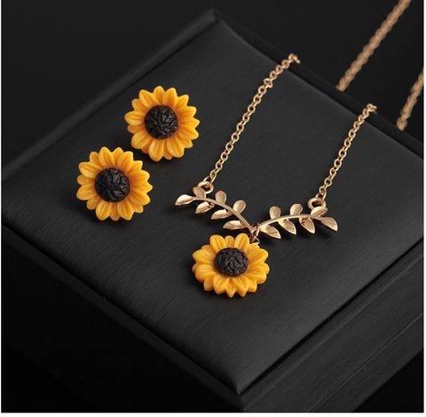 Fashion Cute Sunflower Leaf Pendant Resin Necklace Ear Stud Set