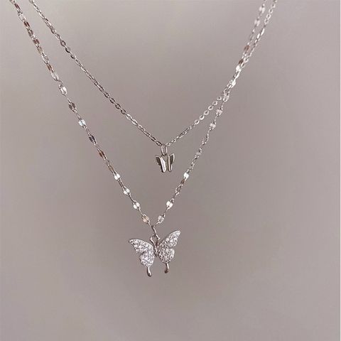 Fashion Double Rhinestone Butterfly Pendent Alloy Necklace