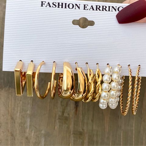 New Metal Twist C-shaped Pearl Earrings 6 Pairs Set