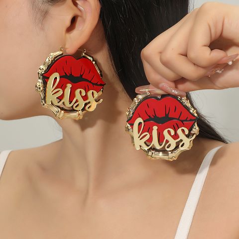Fashion Red Lip Letter Large Round Bamboo Earrings