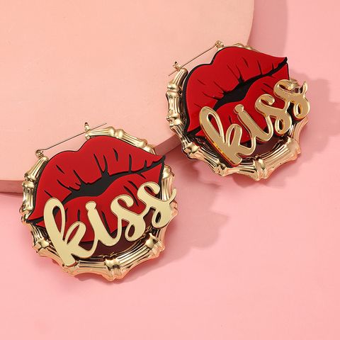 Fashion Red Lip Letter Large Round Bamboo Earrings