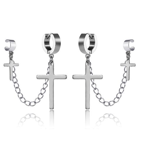 Fashion Black Silver Titanium Steel Chain Cross Geometric Earrings