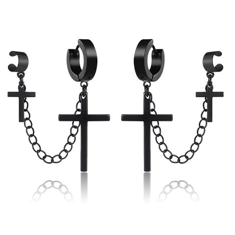Fashion Black Silver Titanium Steel Chain Cross Geometric Earrings