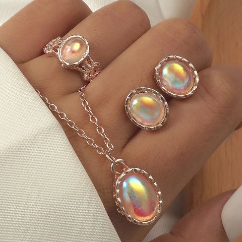 Fashion Jewelry Oval Fluorescent Gemstone Stud Earrings Necklace Ring Set