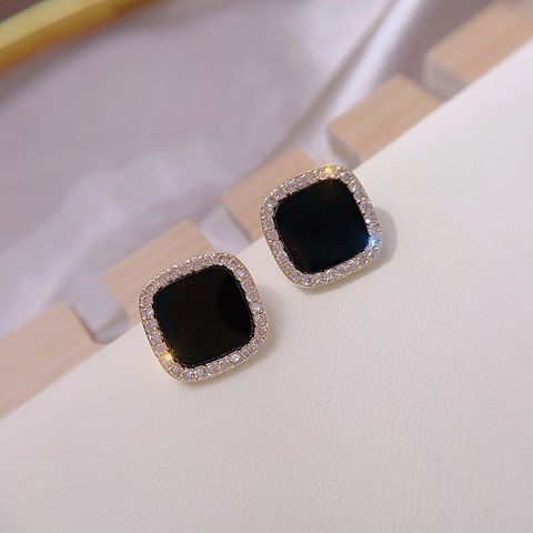 Fashion Ornament Rhinestone Inlaid Square Alloy Stud Earrings