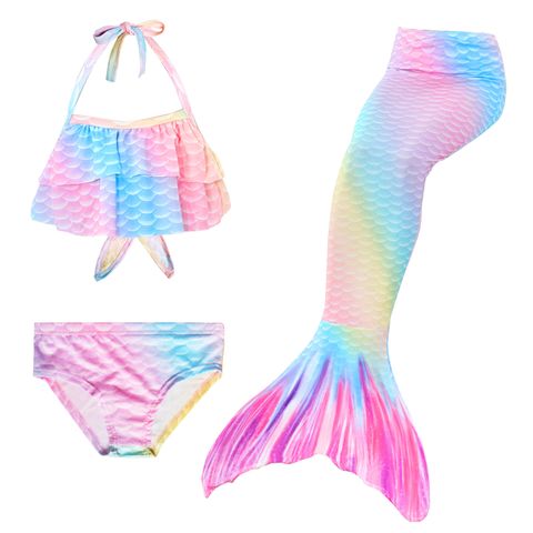 Children's Mermaid Swimsuit Mermaid Tail Beach Vacation Swimwear Color Strap Three-piece Set