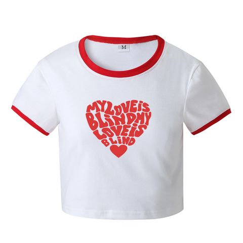 New Fashion Creative Solid Color Heart Print Slim Short T-shirt