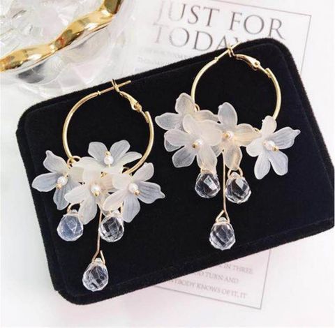 Fashion Flower Tassel Water Drop Pendant Crystal Petal Earrings