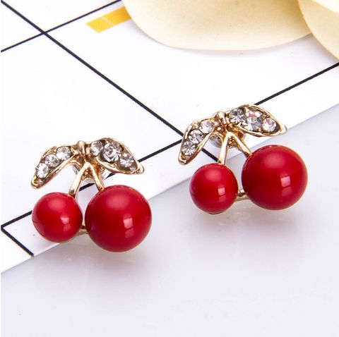 Mode Doux Mignon En Forme De Fruits Incrustation Diamant Cerise Boucles D'oreilles