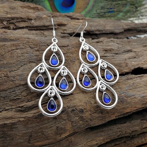 Creative Peacock Blue Moonstone Drop-shaped Hollow Pendant Earrings