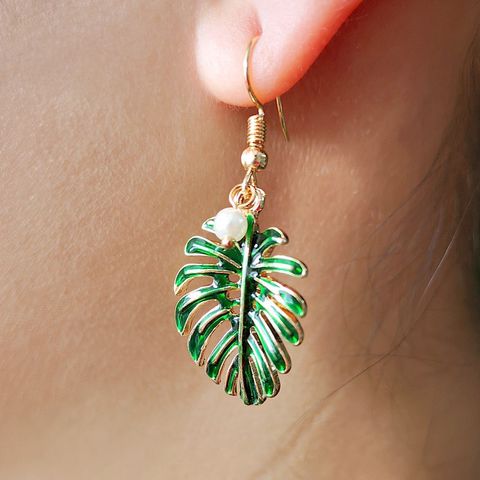 Fashion Bohemian Style Green Coconut Leaf 18k Gold-plated Pearl Pendant Earrings