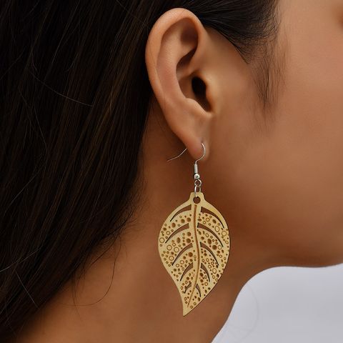 Bohemian Hollow Carved Wood Leaf-shaped Earring