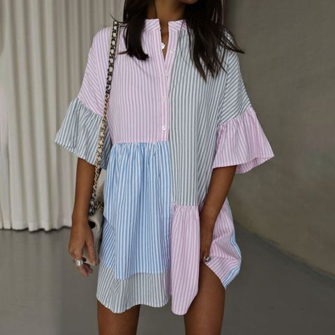 Striped Printing Color Contrast Short Sleeve Dress