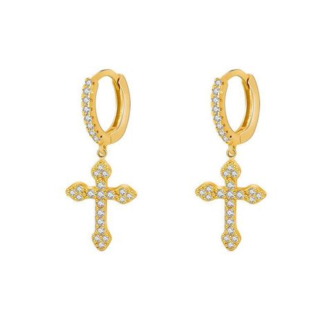 New Style Copper Inlaid Zircon Gold Plated Cross Pendant Earrings