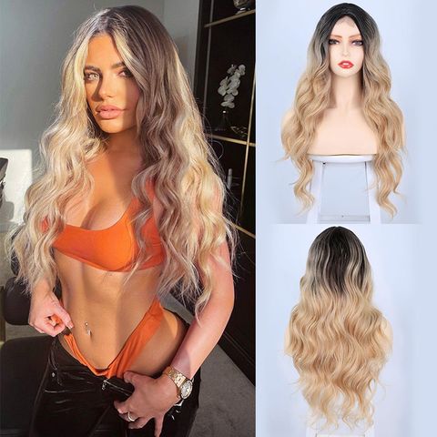 Women's Golden Long Curly Hair Mid-length Front Lace Small Synthetic Wigs