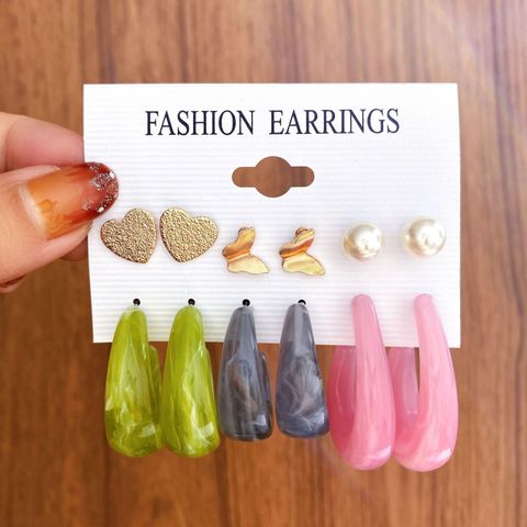 Fashion Colorful Circle Ear Hook Butterfly Heart Pearl Stud Earrings 6 Pieces Set