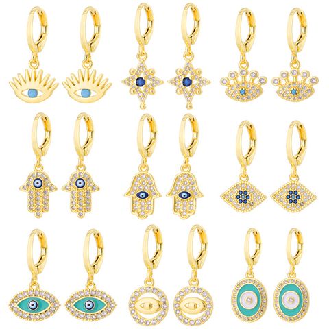 Fashion Oil Dripping Evil Eyes Copper Inlaid Zircon Plated 18k Real Gold Geometric Earrings