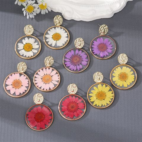 New Style Transparent Dried Flower Little Daisy Resin Round Pendant Earrings