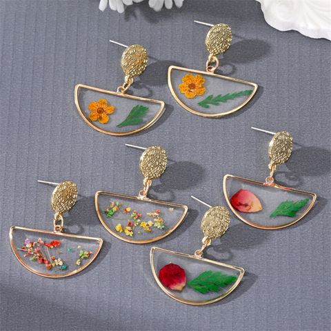 Cute Style Dried Flower Little Daisy Semicircle Transparent Pendant Earrings