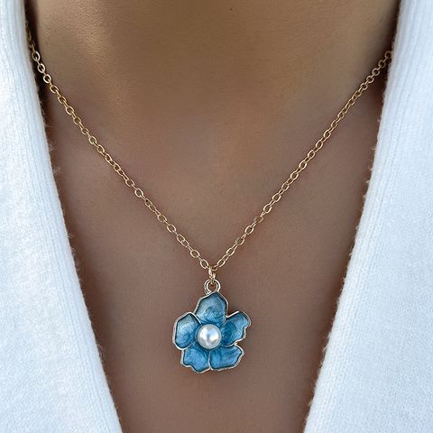 Fashion Blue Drop Oil Pearl Inlaid Small Five-petal Flower Necklace