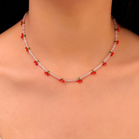 New Fashion Elegant Clavicle Chain Transparent Handmade Beaded Cherry Necklace