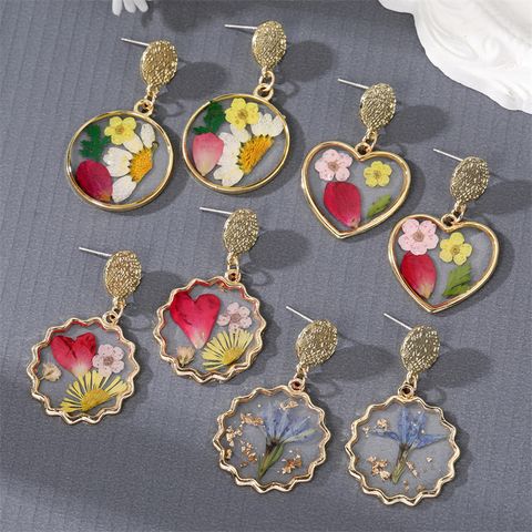 1 Piece Pastoral Round Flower Epoxy Alloy Resin Earrings