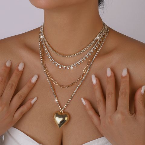 Fashion Golden Silvery Pendant Heart Shape Multi-layer Rhinestone Alloy Necklace