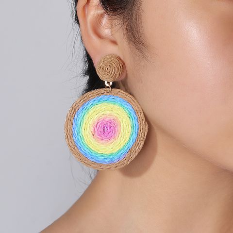 Fashion Round Raffia Handmade Straw Woven Eardrops Summer Earrings