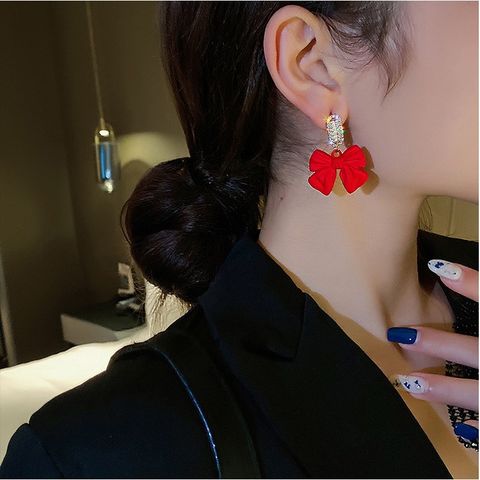 Fashion New Inlay Rhinestone Black Red Bow Alloy Stud Earrings