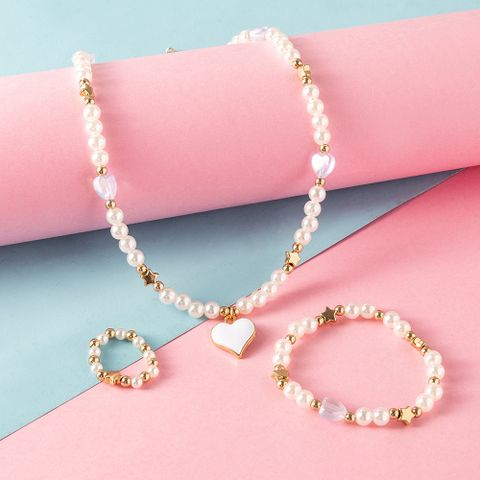 New Fashion Cute Heart Pendant Pearl Bead Necklace Ring Bracelet Children's Jewelry 3-piece Set