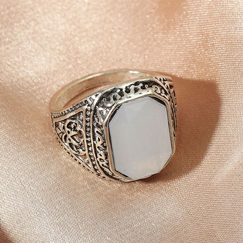 Fashion Ethnic Retro Vintage Carved Big White Geometric Stone Ring