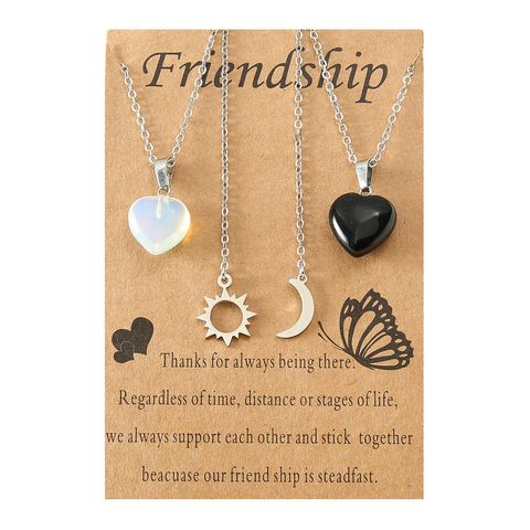 Fashion Stainless Steel Sun And Moon Friendship Card Heart-shaped Natural Stone Clavicle Chain