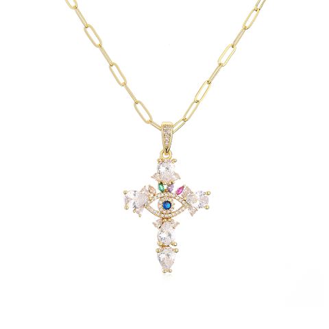 Fashion Copper Plating 18k Gold Zircon Cross Pendant Necklace Female