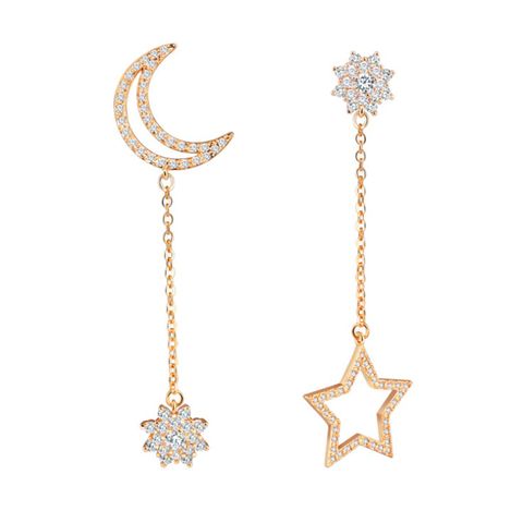 Fashion Ornament Inlay Rhinestone  Asymmetric Star And Moon Stud Earring