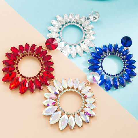 Fashion Large Alloy Inlaid Glass Drill  Hollowed-out Flower-shaped Earrings Wholesale