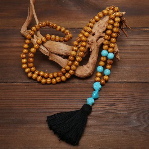 Bohemian Style Wooden Bead Tassel Butterfly Necklace Women's Crystal Turquoise Long Sweater Chain