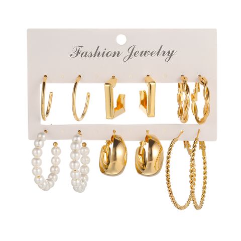 Simple Golden Geometric Pearl Alloy 6-piece Hoop Earrings Set